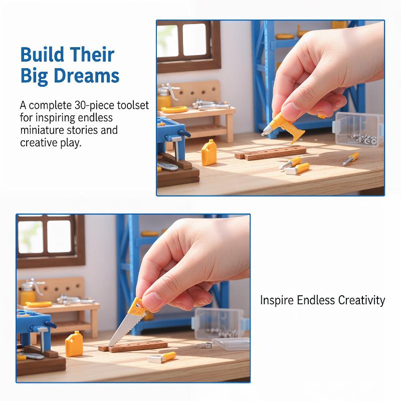 Workshop Tools Toy - Puppenhaus-Werkstatt Mini-Werkzeugset im Maßstab 1:12, 30-teilig,